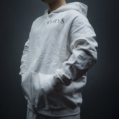weisser VYRYS Founders Zipper Hoodie aus 380g Heavyweight Cotton mit Reißverschluss und Logo 
pos: front color: white